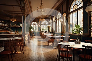 A 3D rendered French style restaurant, showcasing a vintage cafe interior