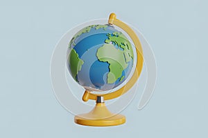 A 3D Rendered Globe of Earth on a Yellow Stand Against a Light Blue Background