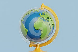 A 3D Rendered Globe with a Yellow Stand on a Blue Background