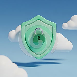 3D Rendered Green Shield with Padlock Icon Floating Among Clouds security protection