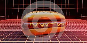 3D Rendered Hot Dog with Mustard in Neon Grid Environment, Vibrant Colors, Retro Futurism Style photo