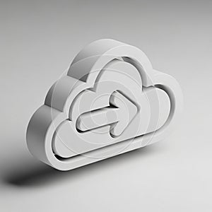 3D White Cloud Icon with Arrow Symbol on Light Gray Background technology data