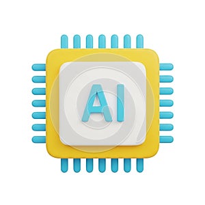 Yellow and Blue 3D Processor Chip with AI Text on a White Background artificial intelligence