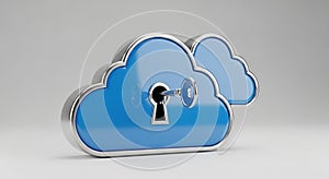 3D Rendered Blue Cloud Icon with a Silver Key in a Lock storage data