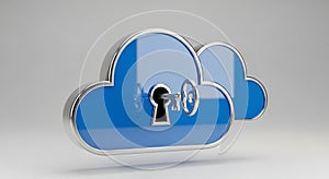 3D Rendering of a Blue Cloud Icon with a Silver Key in a Lock technology data