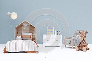 3d rendered illustration of blue wall children room and stuffed toy animal