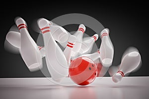 3D rendered illustration of bowling ball knocking down all pins - strike. Motion blur