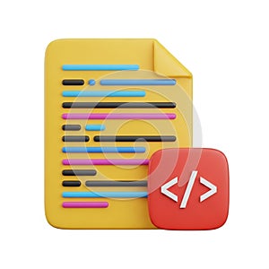 3D rendered illustration of coding document and programming icon on white background