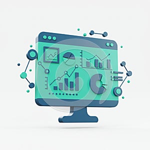 A 3D-rendered illustration of a computer monitor displays data visualization element