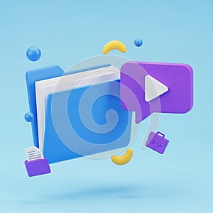 3D Rendered Blue Folder with Play Button Speech Bubble and Briefcase illustration document