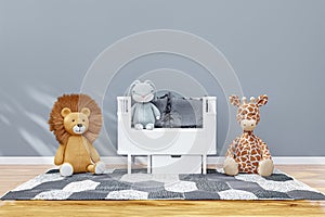 3D rendered illustration of a kid room with white little bed and stuffed toy animals