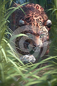 3D rendered illustration of a leopard in the grass looking at the camera.