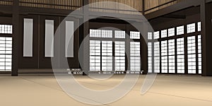 3d rendered illustration of a traditional karate dojo or school with training mat and rice paper windows.