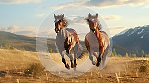 A pair of horses galloping freely through an open field