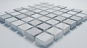 A 3D-rendered image featuring an array of white cubes arranged in a grid pattern on a