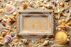 Picture frame on shells and sand background. Copy space. 3d rendering