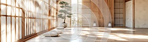 3D rendered Japandi interior, empty, muted wood tones, diffused daylight AI Generated photo