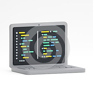 3d rendered laptop displaying colorful computer code software development technology modern digital programming concept