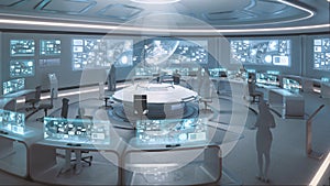3D rendered, modern, futuristic command center interior with people photo