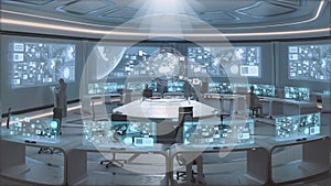 3D rendered, modern, futuristic command center interior with people