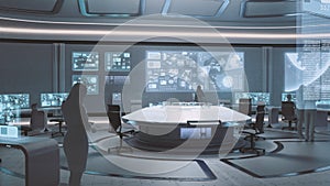 3D rendered, modern, futuristic command center interior with people