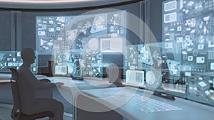 3D rendered, modern, futuristic command center interior with people