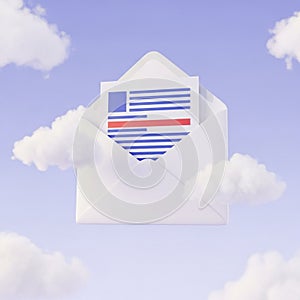3D Rendered Open White Envelope with Document Floating in a Cloudy Sky mail letter