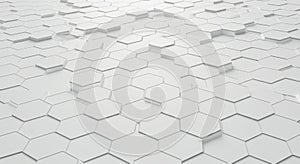 A 3D-rendered pattern of white hexagonal tiles creating a textured surface. Some tiles