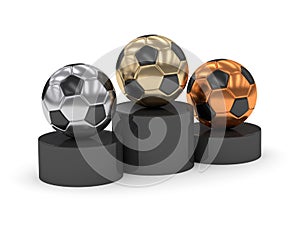 3d rendered podium with soccer balls isolated on white