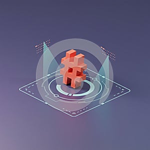 A 3D-rendered red hashtag symbol is positioned on a digital interface design. The