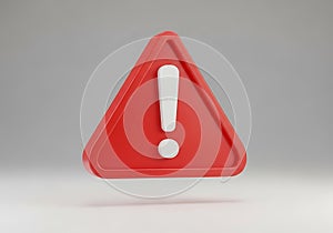 A 3d rendered red warning triangle with a white exclamation mark on a plain background