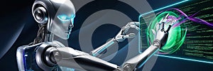 A 3D-rendered robot performing calculations on a holographic screen, emphasizing the power of AI and machine learning in solving