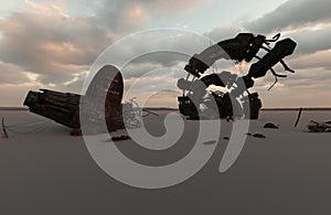 3D rendered sci-fi scene with wrecks in the desert photo