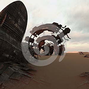 3D rendered sci-fi scene with wrecks in the desert photo