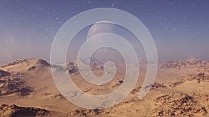 3d rendered Space Art: Alien Planet - A Fantasy Desert Landscape with blue skies and stars