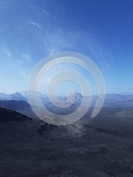 3d rendered Space Art: Alien Planet - A Fantasy Landscape with blue skies and stars