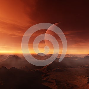 3d rendered Space Art: Alien Planet - A Fantasy Landscape with red skies and clouds