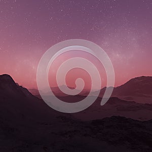 3d rendered Space Art: Alien Planet - A Fantasy Landscape with red skies and stars