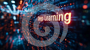 A 3D-rendered text reading "Deep Learning" in a high-tech, networked setting, conveying the advanced