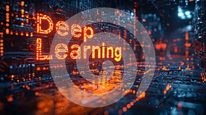 A 3D-rendered text reading "Deep Learning" in a high-tech, networked setting, conveying the advanced