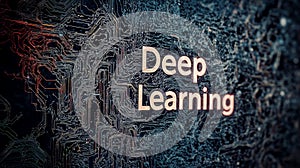 A 3D-rendered text reading "Deep Learning" in a high-tech, networked setting, conveying the advanced