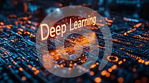 A 3D-rendered text reading "Deep Learning" in a high-tech, networked setting, conveying the advanced