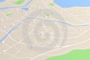 3D rendered top view of city map with road building river 3D ill