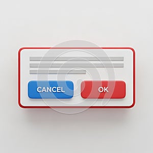 3D Rendered UI Dialog Box with Cancel and OK Buttons user interface pop-up