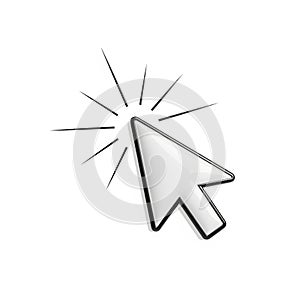 3D Rendered White Computer Mouse Cursor Arrow with Click Animation Lines on White Background pointer