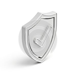 3D rendered white shield icon with a subtle checkmark symbol