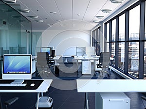 3d renderin of loft office interior with panoramic window