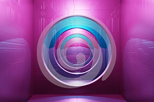 3D rendering abstract art sci-fi background. Metallic interior of a spaceship, round corridor. Light purple, blue neon. Modern