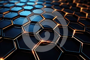 3d rendering of abstract background with hexagons in black and orange, Futuristic, High Tech, Black background, with a hexagonal