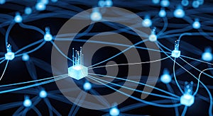 3d rendering abstract blue blockchain network background glowing connecting lines cubes digital technology data flow communication